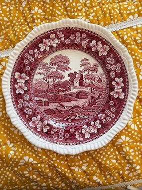 Spode Red Transferware Scenic Decorative Charger with Scalloped Edge
